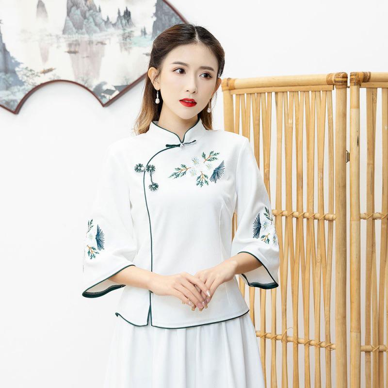 Women's Ethnic Zen Tea Art Embroidered Dress - Vintage Pan Buckle Top with Midi Skirt and Seven-Sleeve Design for Spring/Summer