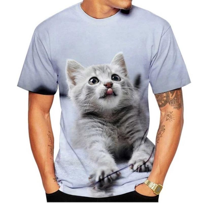 Cute Cat Pattern 3D Printed Adult Round Neck Fun Pet Unisex Short Sleeved T-shirt