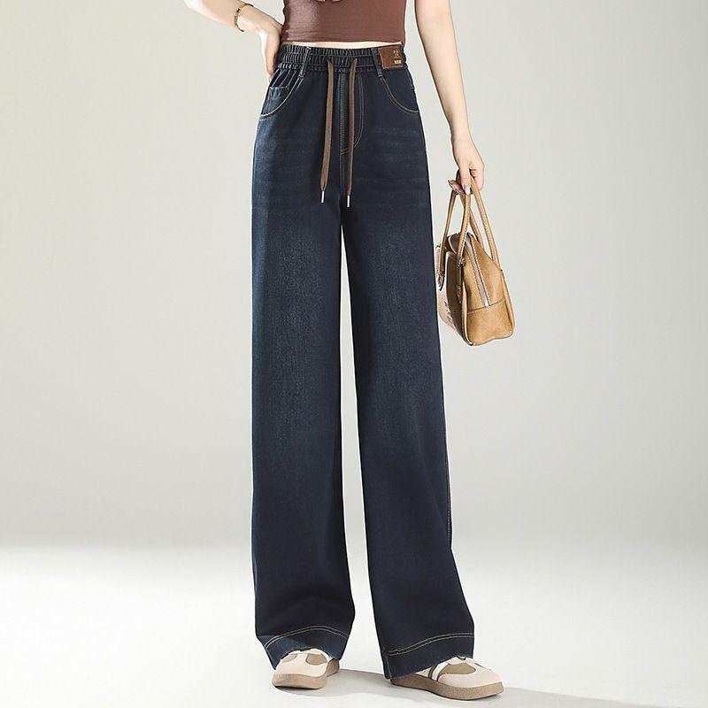 Velvet Elastic Waist Lambswool Jeans: Loose Winter High Waist, Stretch, Plus Size, Thickened Straight-Leg Pants (75-200)