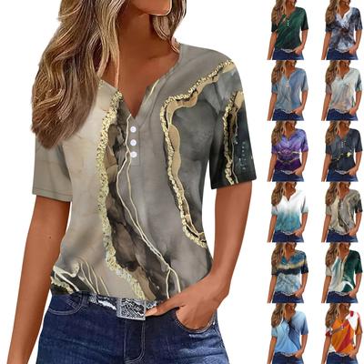 Damska koszulka T-shirt z nadrukiem Przycisk z krótkim rękawem Codzienny weekend Moda Podstawowy Dekolt w kształcie litery V Regularny top