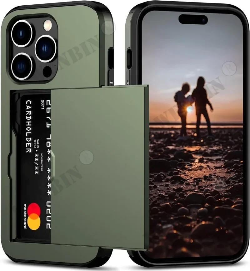 Чехол для iPhone 16 15 14 13 Pro Max Plus Держатель Прочный Защитный Двухслойный Ударопрочный Скрытый Слот для Карты Тонкий Кошелек Чехол iPhone SE (20-2022)