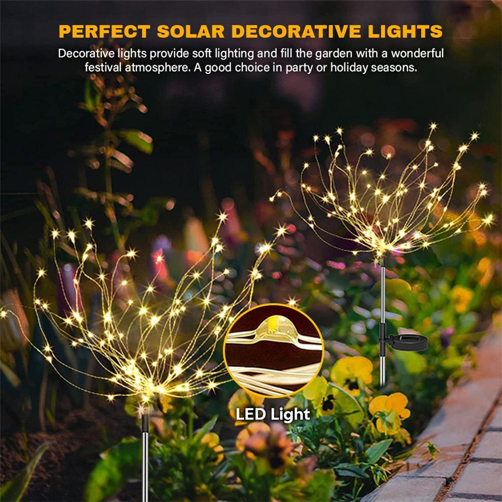 2Pcs Smart Sparklers Firework LED String Light Solar Fireworks Lights 8 Lighting Modes 200 LED Copper Wire Solar Firework Lights