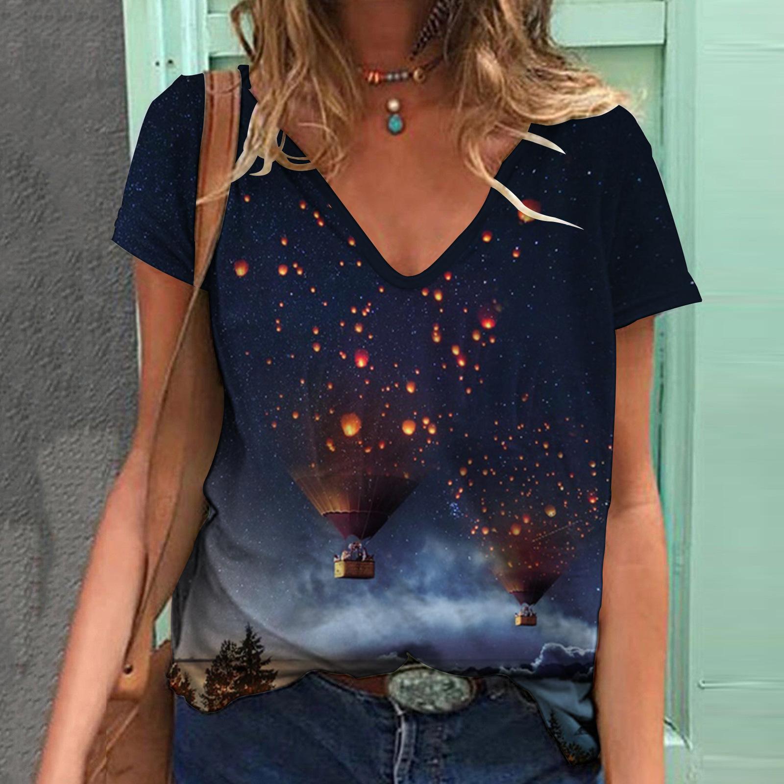 Летняя модная футболка женская контрастная строчка лунный свет цифровой 3D принт топы — фото 4