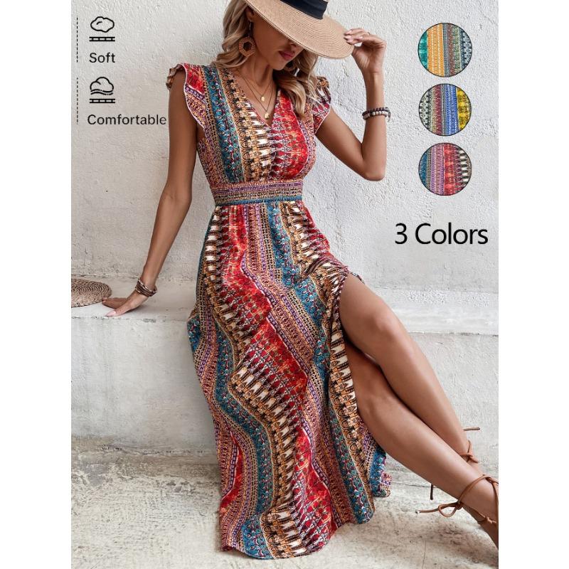 Abito da donna primaverile/estivo bohémien lavorato a maglia aderente scollo a V vita stretta con spacco