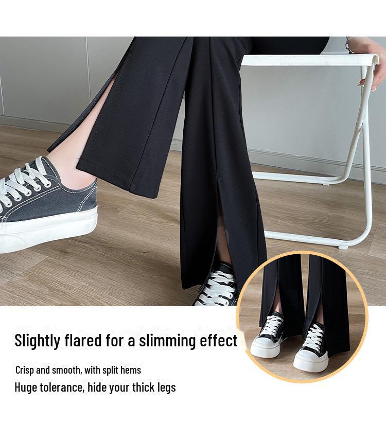 High-Waist Black Flared Pants for Women - Spring/Fall Slimming, Plus Size, Lightweight Front Slit Design