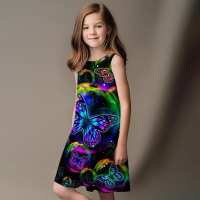 Summer Sleeveless Round-neck Vest Dresses Princess Dresses Cute 3D Printing Butterfly Flower Pattern Girls' Dresses