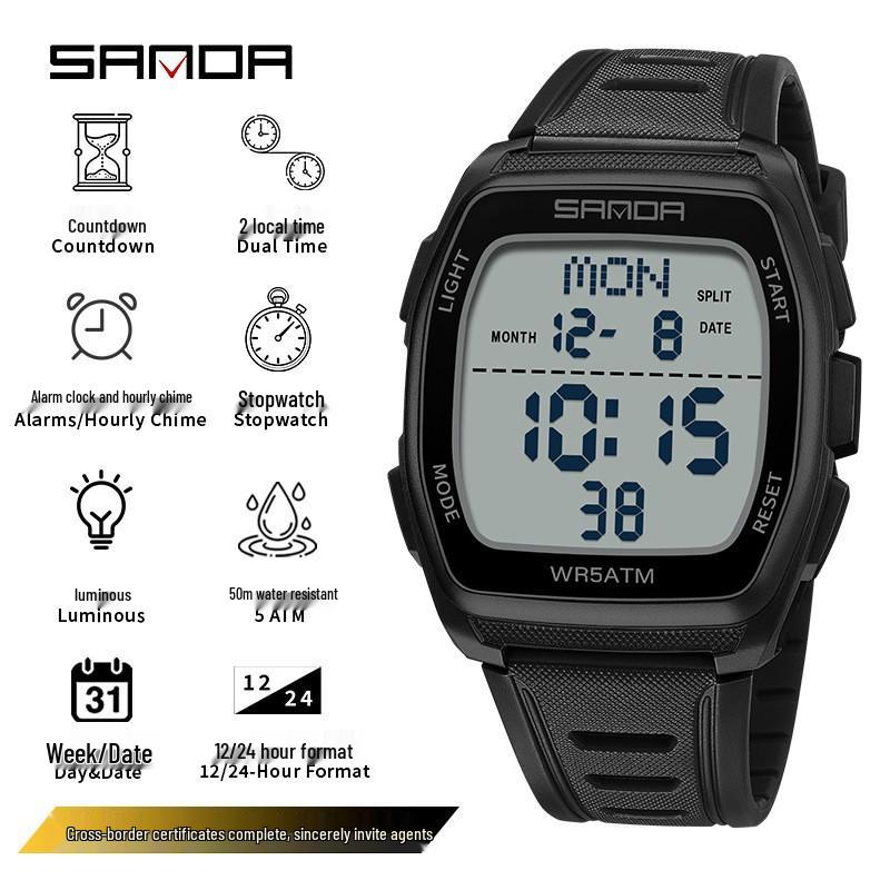 Sanda Wasserdichte Sport-Chronographenuhr für Herren - Multifunktionales Tonnenförmiges Design