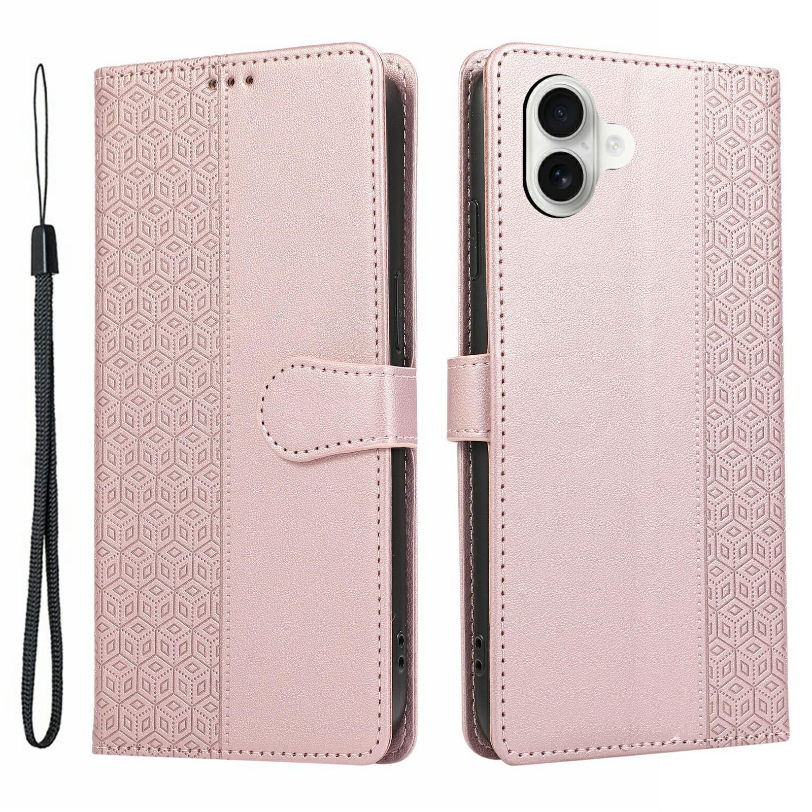 

For iPhone 17 Case Splicing Imprinted Rhombus Leather Phone Cover with Wrist Strap Rose Gold
