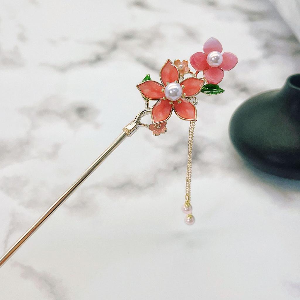 Rosa Blume Haarstäbe Gabeln Retro Chinesischer Stil Legierung Haarnadeln Seitenclips Kette Quaste Perlen Anhänger Dekor Frauen Haarschmuck