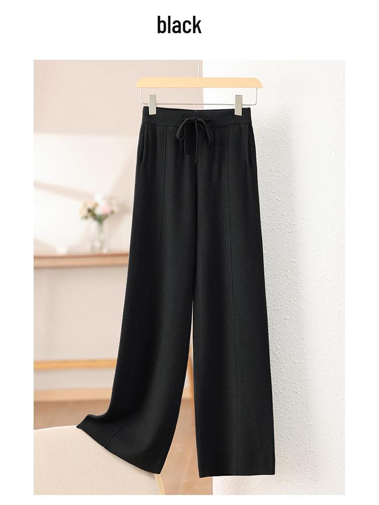 New White Wide-Leg Knitted Pants with Drawstring - Loose, Thickened, Plus Size for Autumn & Winter Casual Wear