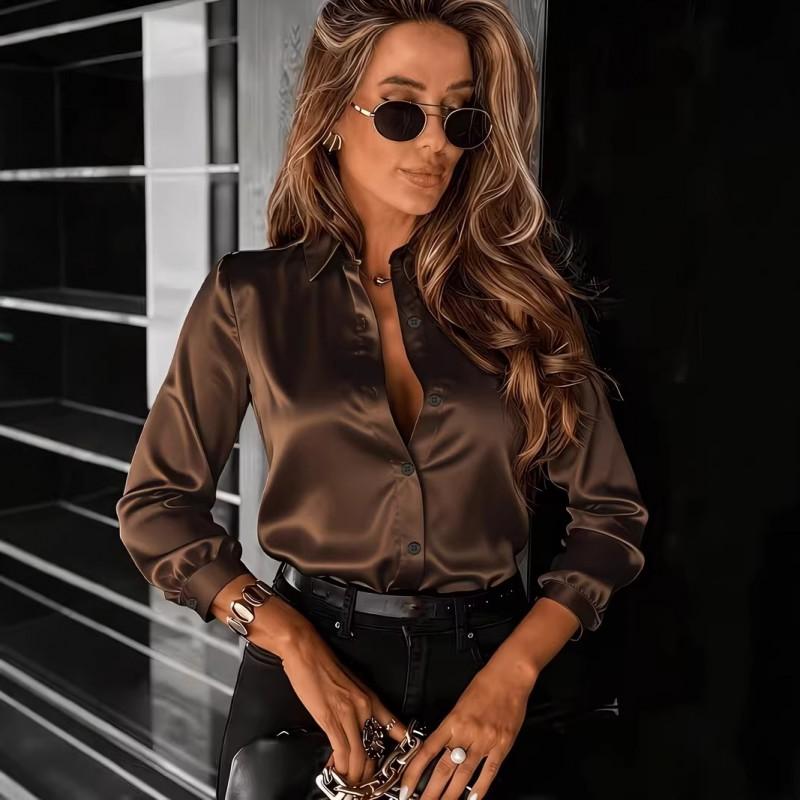 Womens Long Sleeve Satin Shirt With Collar Slim Fit Office Blouse In Solid Colors 2026