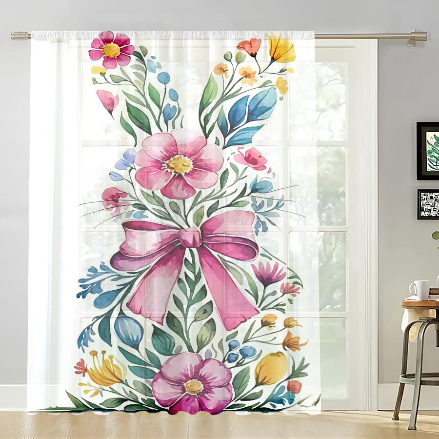 

1PC Sheer Curtain, Watercolor Floral Bunny Ears with Pink Bow, Suitable for Bedroom and Living Room, Rod Pocket Style 39x51in(100x130cm)&Rod Pocket&1 panel