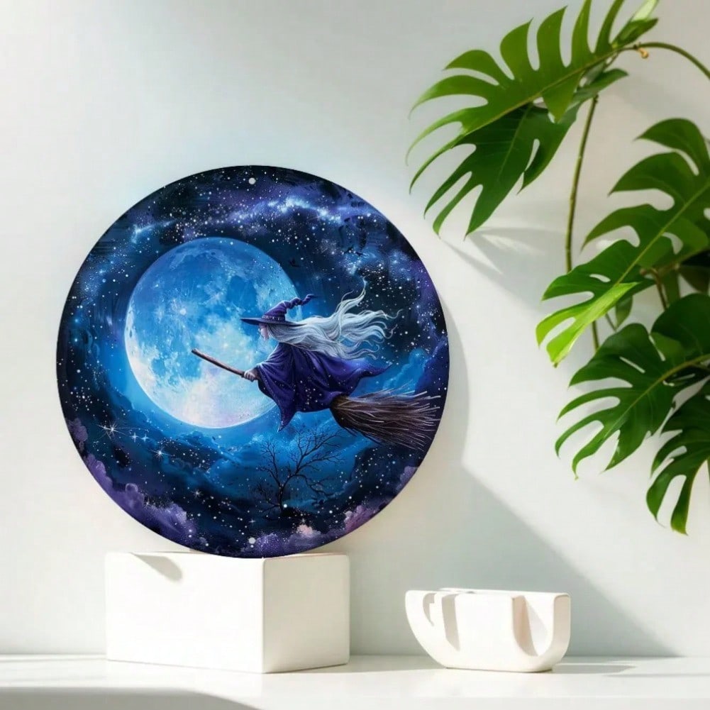 Metal Wall Art Witch Decor Circular Tin Sign 2D Flat Style Home Bar Cafe 20x20