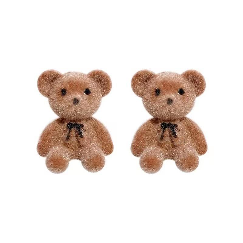 Boucles d'oreilles à tige en peluche floquée mignonnes, motif ours, style kawaii, marron et kaki, pour femmes et filles, bijoux coréens