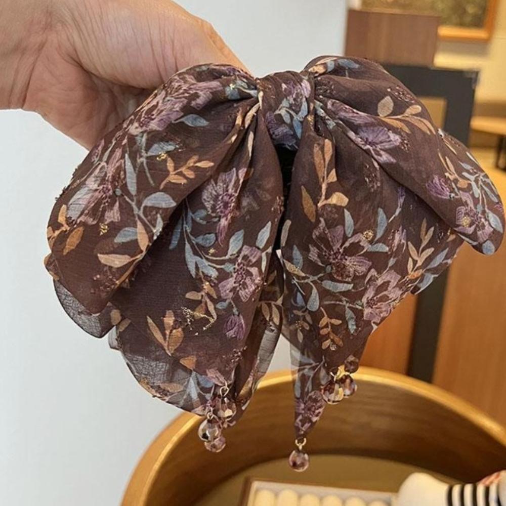 French Style Chiffon Hair Claw Large Women Hair Grab Clip Crystal Bow Shark Clip Daily