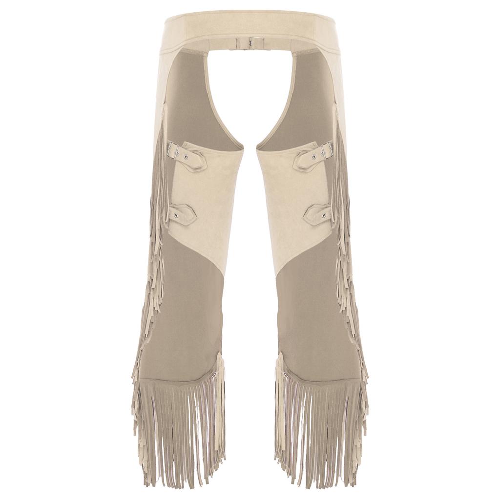 Herren Vintage Cowboy Chaps Verstellbare Schnallenriemen Offener Schritt Geschlitzte Fransen Wildlederhosen für Halloween