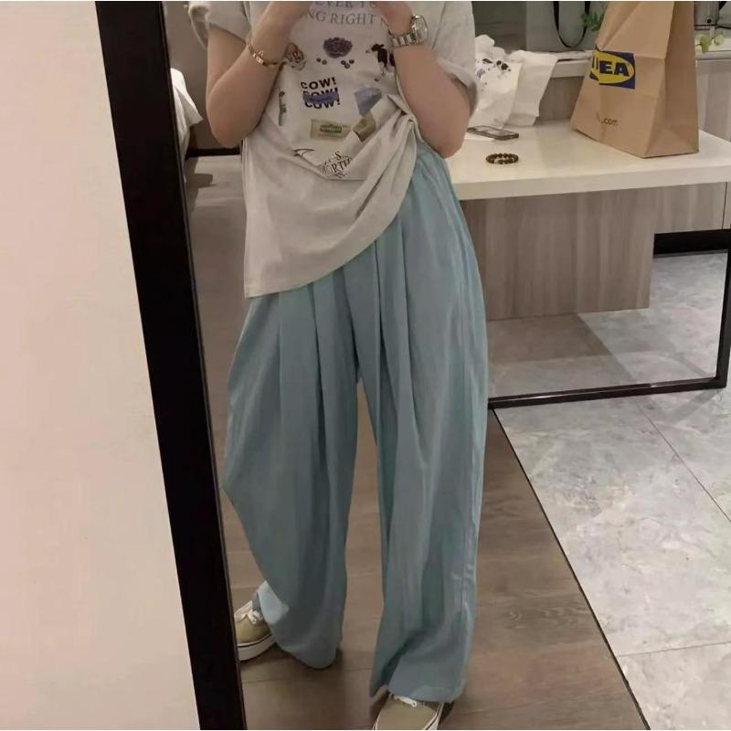 

Lazy wind texture wide-leg pants spring and summer acetic acid Yamamoto pants high waist thin loose casual pants straight mopping pants XL (126-125) catties светло-синий