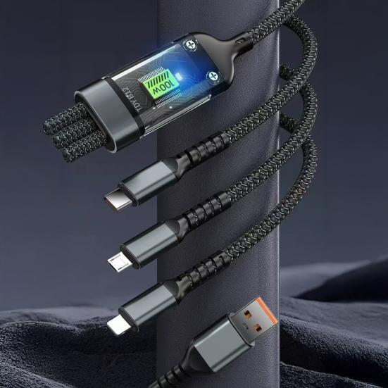 100W Transparentes Datenkabel mit Leistungsanzeige USB-C auf 8-Pin/Micro-USB Geflochtenes Ladekabel Schnellladen und Datenübertragung Ladekabel