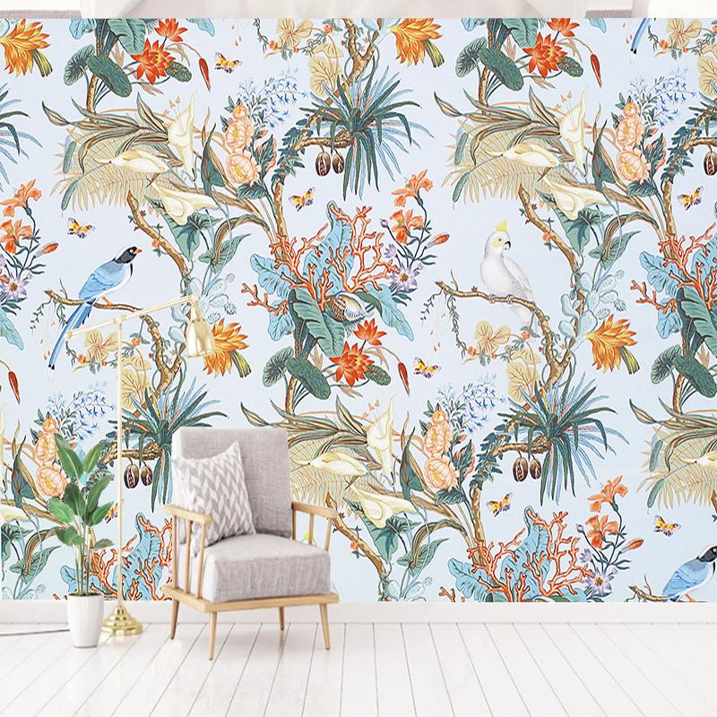 Mural Wallpaper 3D Retro Pastoral Rain Forest Flowers And Birds Art Wallpaper Living Room TV Sofa Background Wall Painting Papel De Parede