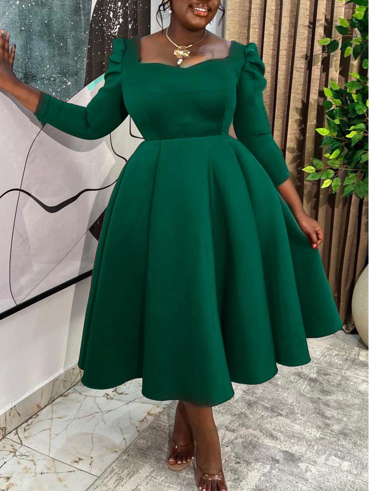D3354 Autumn/Winter Women's Square Neck High Waist Evening Gown - Solid Color African Dress