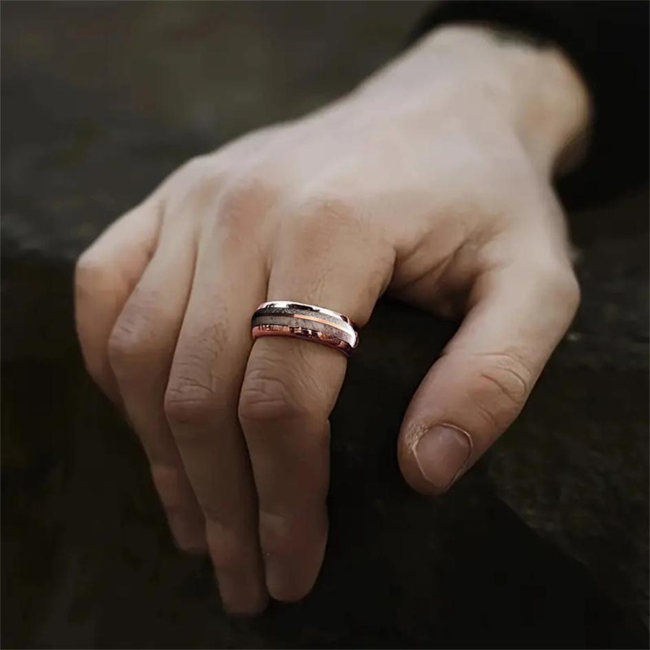 Fashion 8mm Men Stainless Steel Rings Rose Gold Color Brushed Deer Antler And Meteorite Rings for Men Wedding Band Jewelry Gift