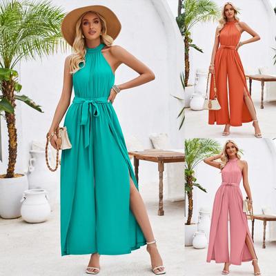 Women Summer Casual Solid Color Sleeveless Halter Jumpsuit Loose High Waist Belt Wide Leg Pants Jumpsuits