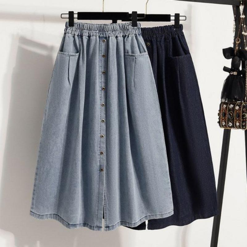 Summer 2025 New Plus Size Elastic Waist Slimming Women's Skirt Split A-line Retro Denim Skirt Mid Length