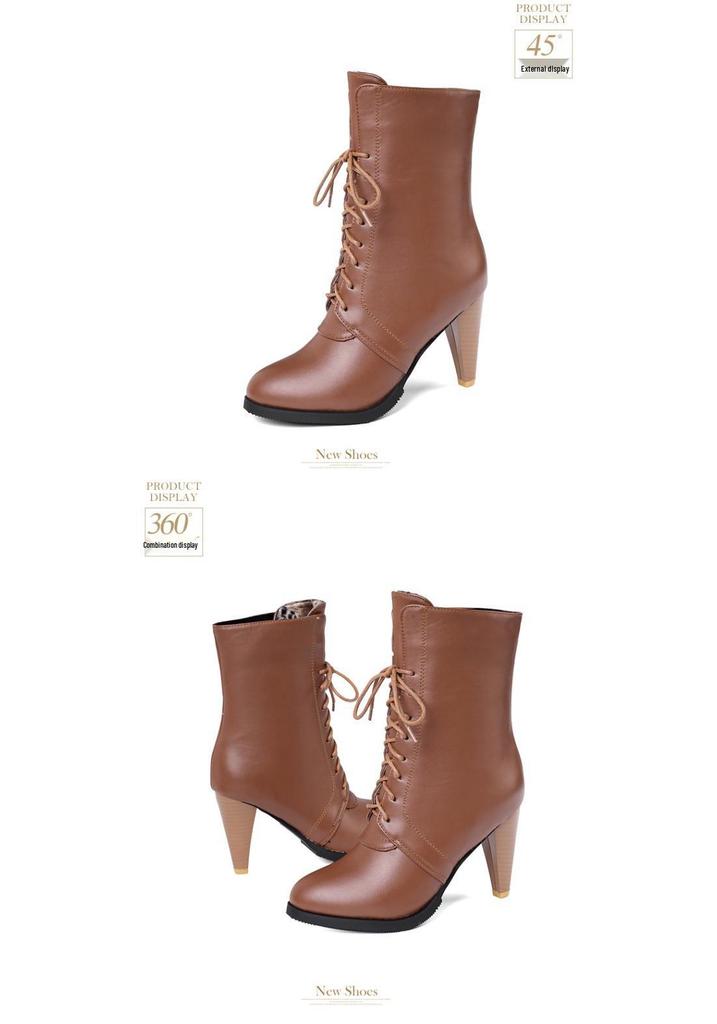 European & American Pointed Toe Lace-up Women's High Heel Ankle Boots, Autumn/Winter Plus Size, Sizes 34-45.