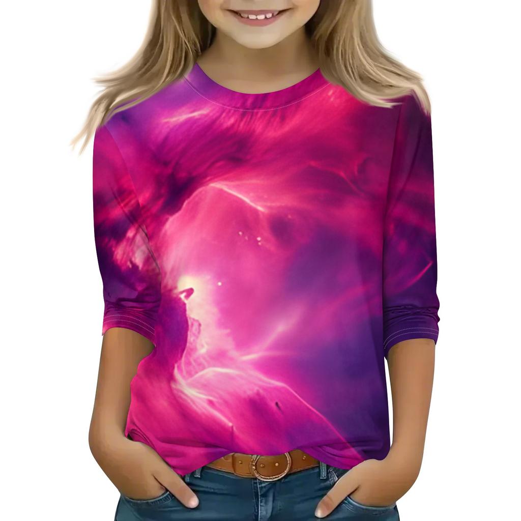 Koszulki z nadrukiem dla dziewczynek w wieku 5-16 lat, okrągły dekolt, rękawy 3/4, modne koszulki, stroje, koszulki