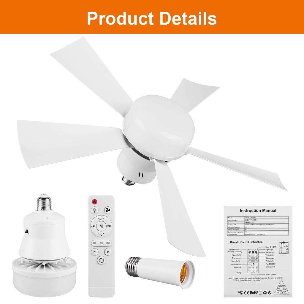 Socket Fan Light with Remote Ceiling Fan with Light Adjustable Wind Speed Timing Wireless Fan Dimmable for Living Room Bedroom
