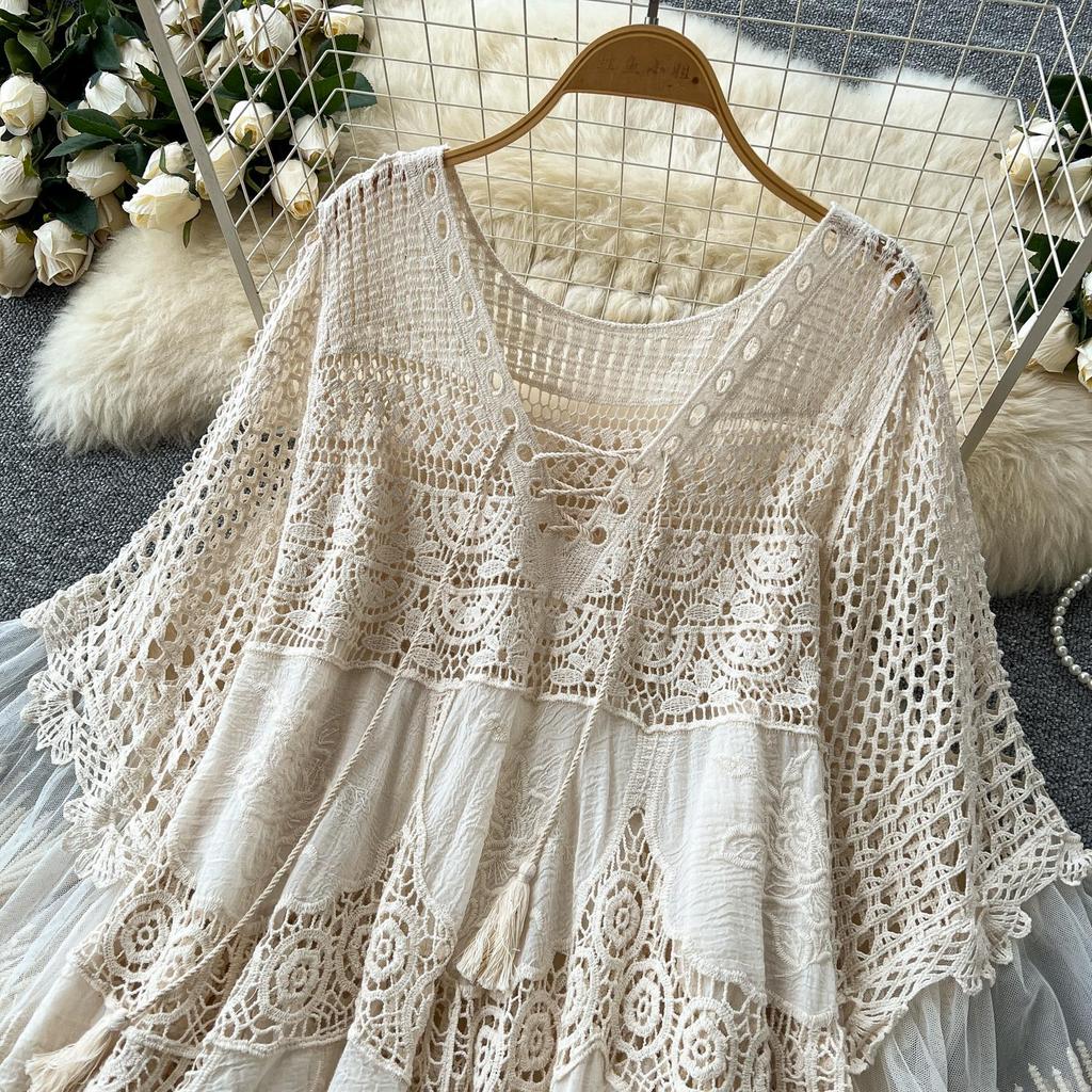 DIMANAF 2026  New Summer Women Long Basic Knitted Dress Sleeve  Fashion Lace Dresses Casual Loose