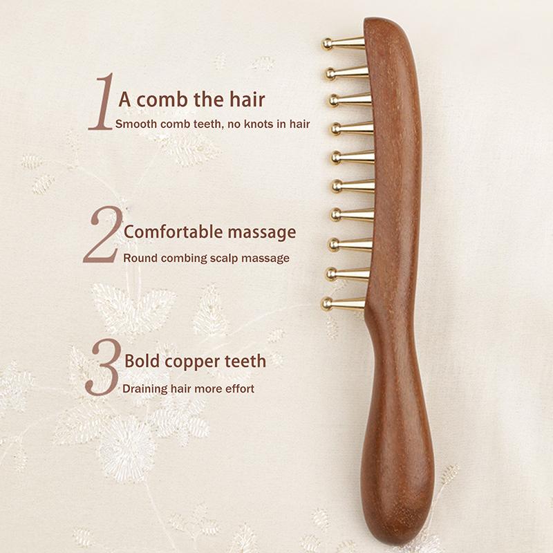 10-Teeth Copper & Wood Massager Comb For Head Meridian Therapy And Relaxation Golden Sandalwood Scraping Guasha Long Handle