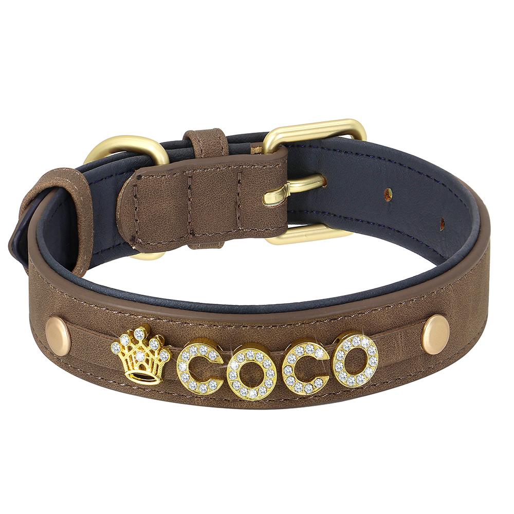 

Free Personalized Rhinestone Dog Collar Padded PU Leather Puppy Dog Collars Free Custom Name Charm Necklace For Dogs Chihuahua (Coffee,S) кавовий