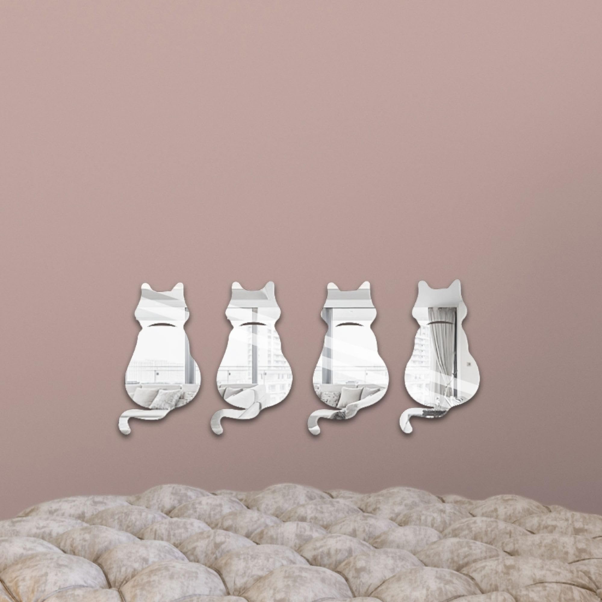 

Leiasnow Wall Sticker Cat Mirror Wall Decal Wall Decor Removable Stylish Mirror Stick-on (4, Silver)