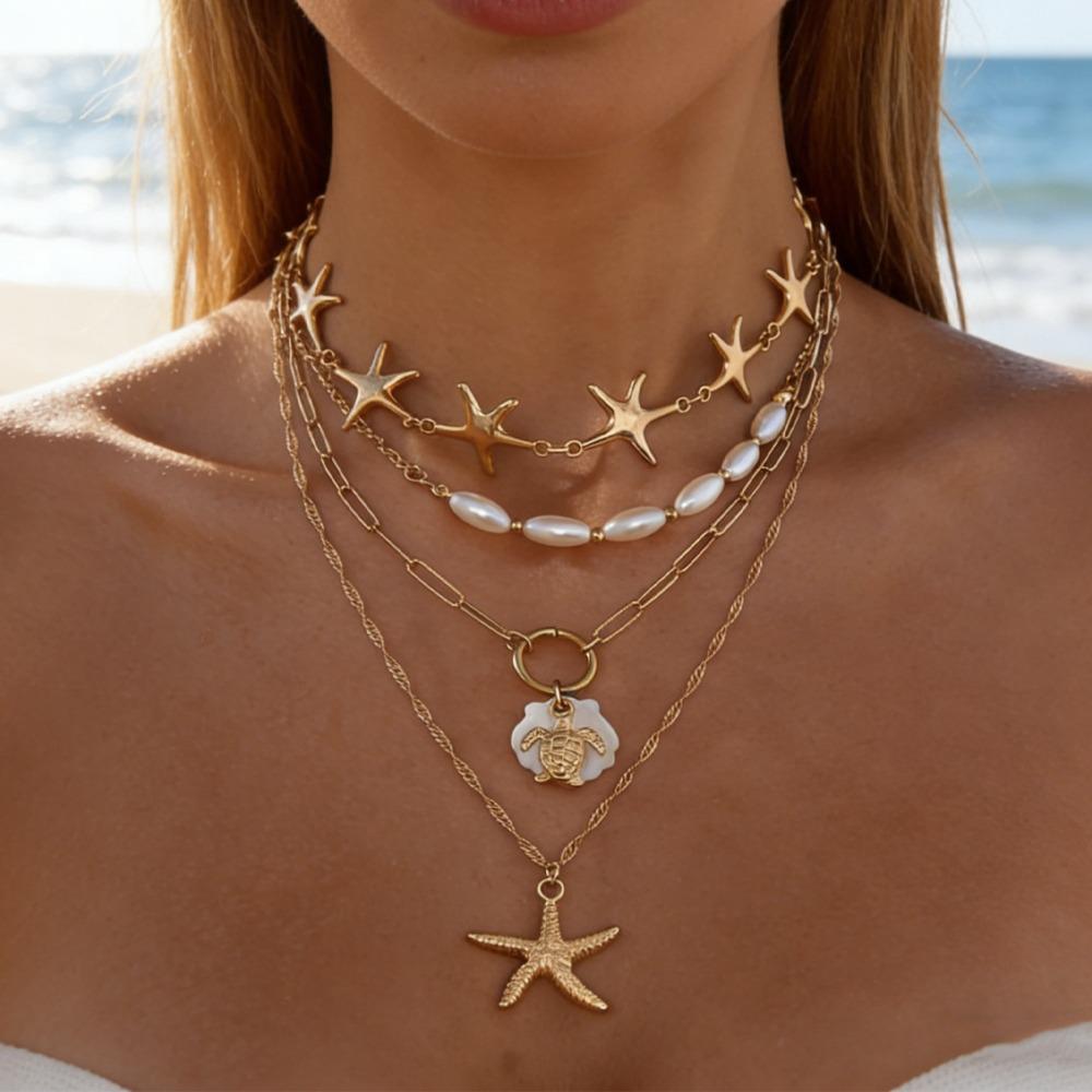 4Pcs Zinc Zinc Alloy Pearl Shell Starfish Necklace Set Multi-Layer Starfish Beach Pendant Daily