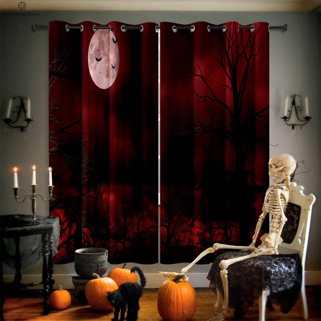 Card Halloween Window Decoration Curtains, Horror Pumpkin Ghost Pattern, Bedroom, Restaurant, Party, 2 Pcs