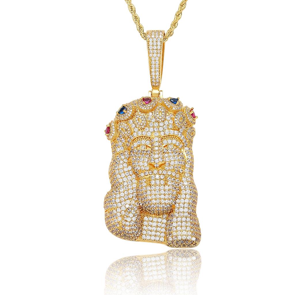 Hot Selling Copper Inlaid Zircon Head Pendant, European and American Hip-hop Micro Inlaid Colorful Zircon Men s Necklace