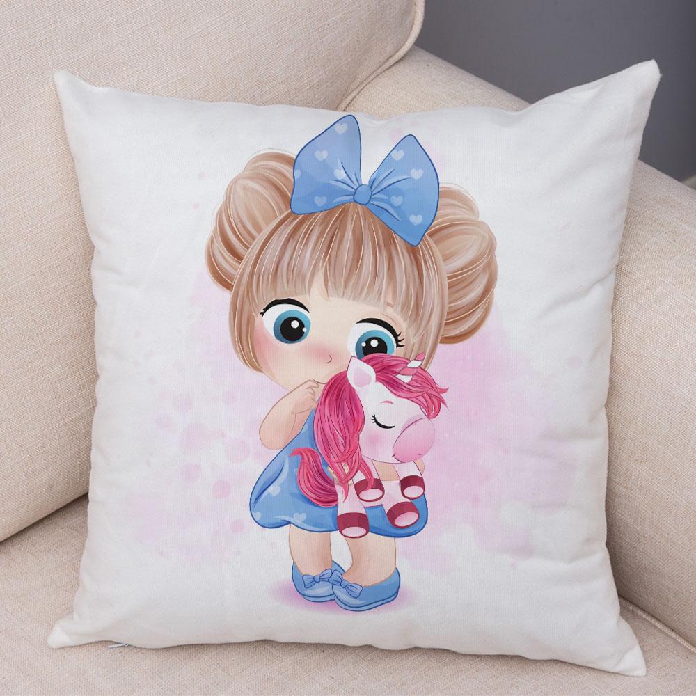 Children's Room Sofa Home Pillowcase Cute Cartoon Girl and Cat Pillowcase Decoration Cute Animal Cushion Cover