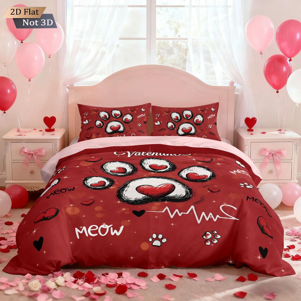 3pcs Valentine's Day Red Cat Claw Printed Bedsheet Set Multi Size Bedroom Dormitory Bed Holiday Decoration Machine Washable