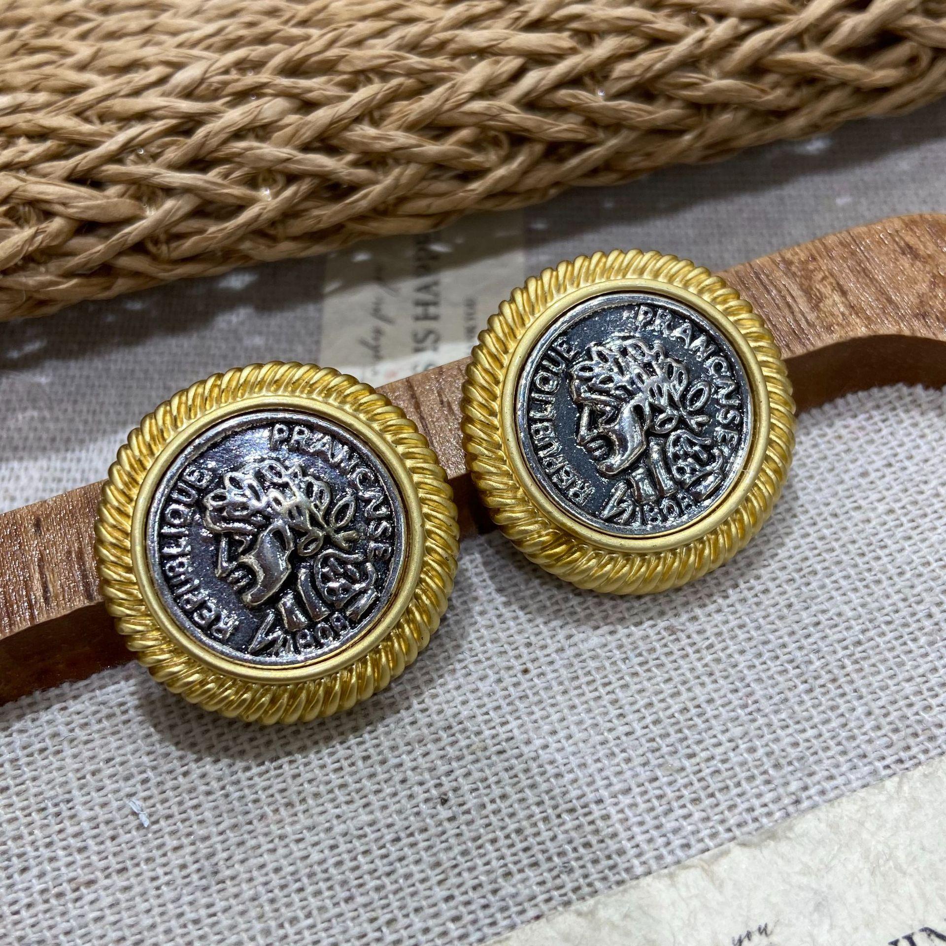 Medieval Avatar Stud Earrings Copper Plated Real Gold Light Luxury Retro Vvintage Ancient Roman Coin Earrings