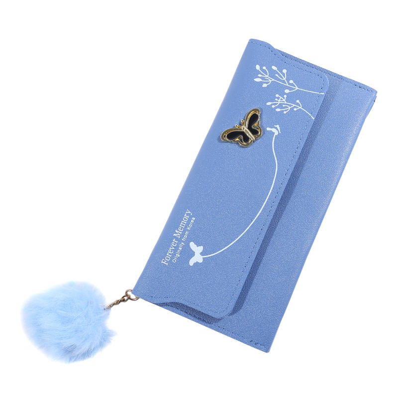 Womens Wallet Cute Elegant Long Slim Card Holder Case Minimalist Coin Purse Zipper Wallet With Fur Ball Bow Decor