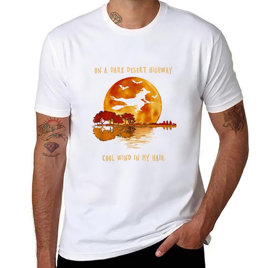On A Dark Dessert Highway Witch Riding Broomstick Guitar Tshirt Outdoor Sports Lightweight Tee