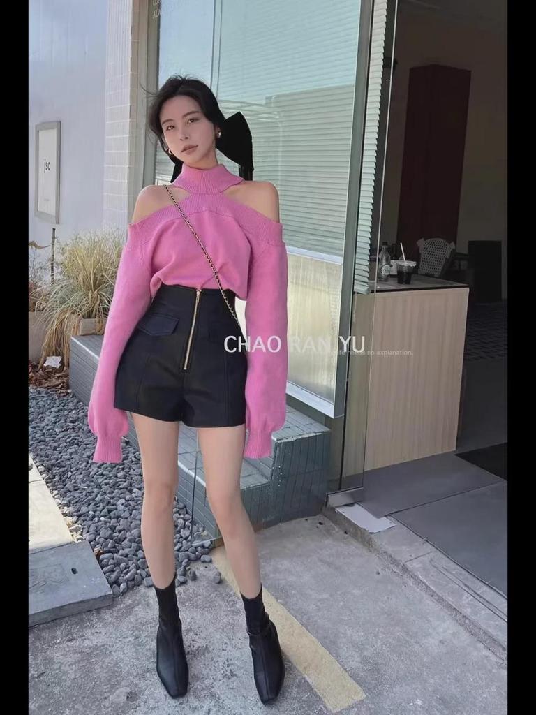 Women's High-Waist PU Leather Shorts, Autumn/Winter, Slim A-Line Wide-Leg Pants, Korean Style with Zipper.