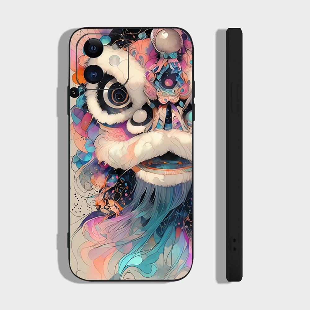 

Lion Dance Phone Case For IPhone 17 Air 16 15 14 13 Pro Max 11 12 Black Silicone Cover IPHONE 11PRO