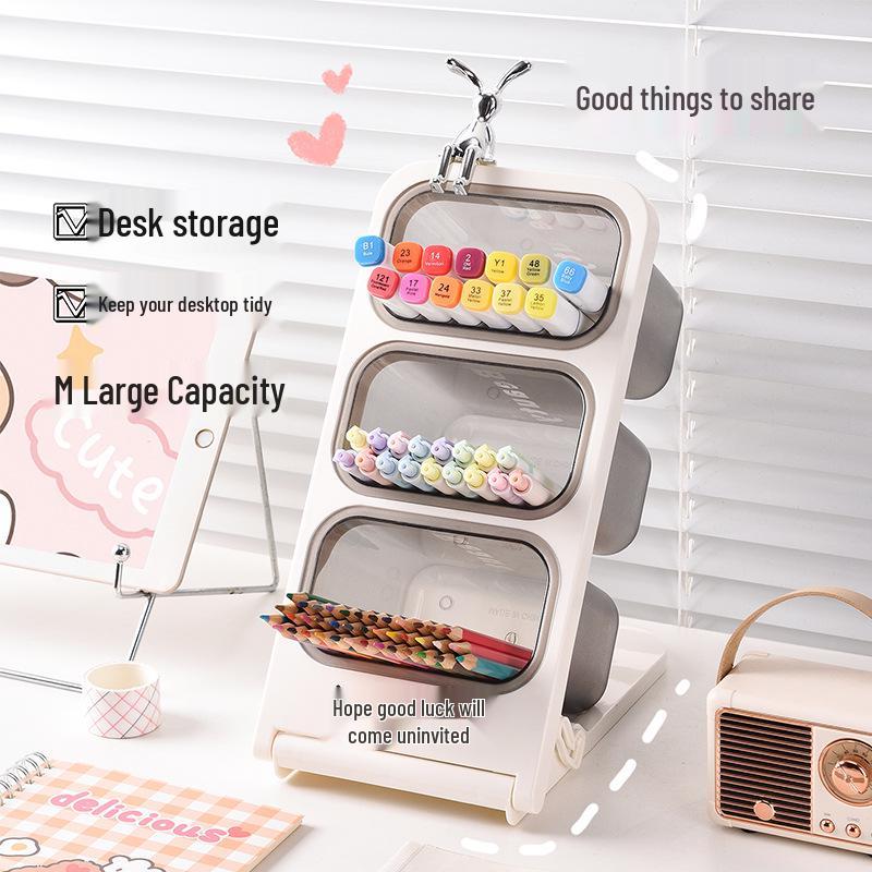 Multi-layer Desktop Storage Box with Large Capacity and Slanted Pen Holder for Office or Student Stationery.