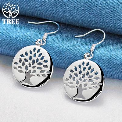 925 Sterling Silver Circle Tree Drop Earrings Jewelry