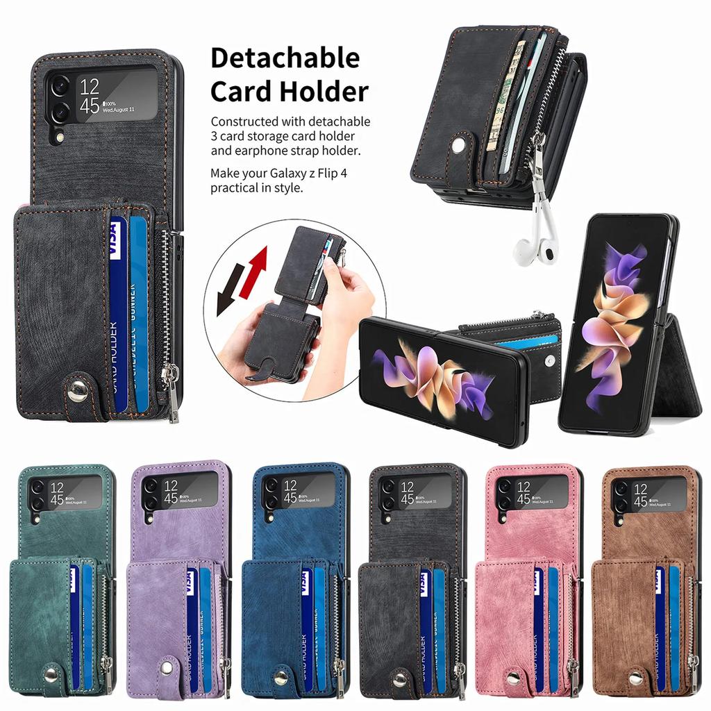 Odpinany Retro Skórzany Portfel na Zamek Składane Etui do Samsung Galaxy Z Flip 7 FE 6 5 4 5G Flip4 Flip3 Uchwyt na Karty Pokrowiec na Telefon