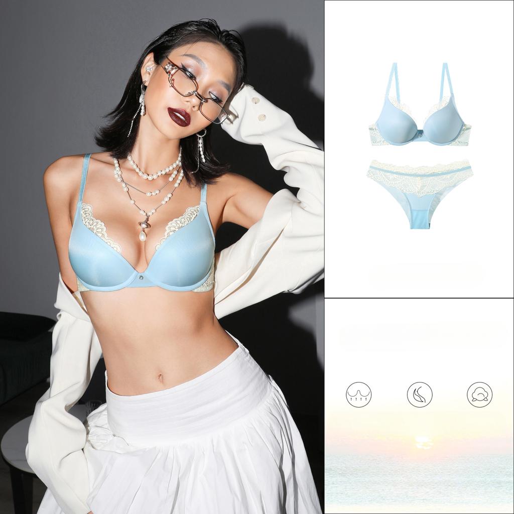 Sexy Lace Women Underwear Set Shiny French Push Up Bra Set 3/4 Cup Plus Size Underwire Brassiere Deep V Lingerie and Panties