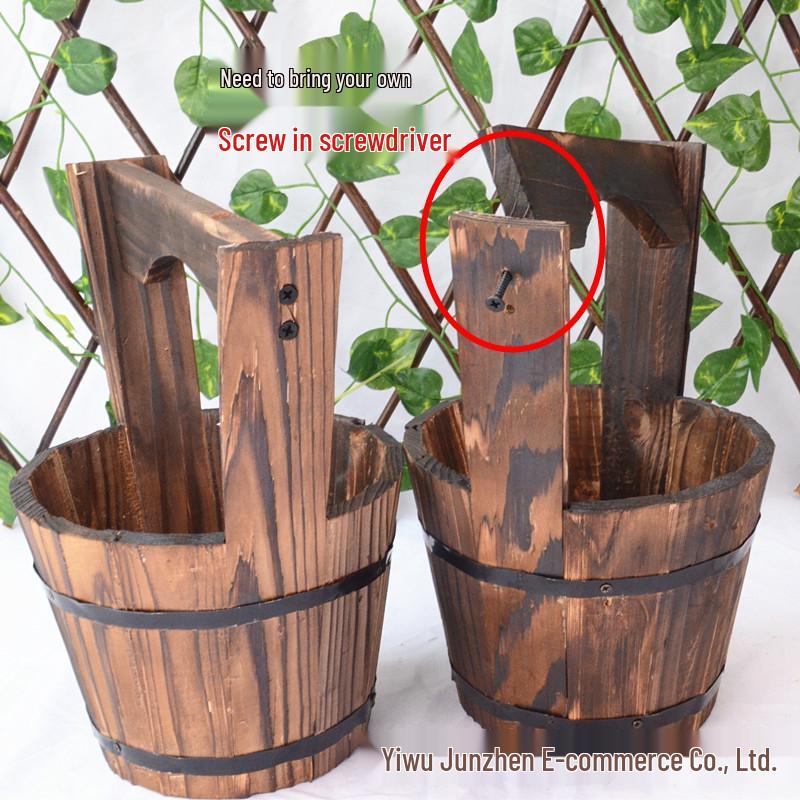 Carbonized Wood Succulent Pot, Balcony Flower Planter, Retro Hanging Fence Water Bucket