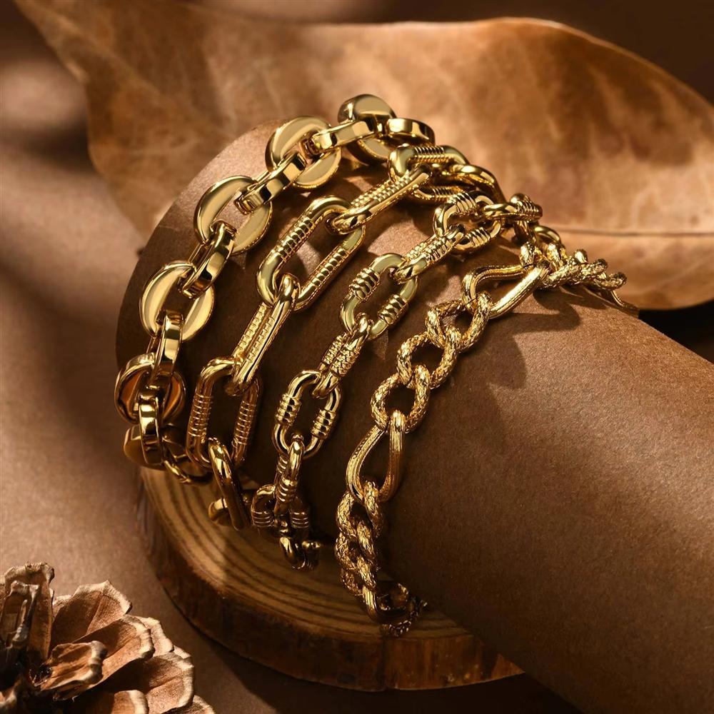 Handmade Thick Chain 18K Gold Plated Waterproof Stainless Steel Fashion Jewelry Bracelet Sets for Men Women
